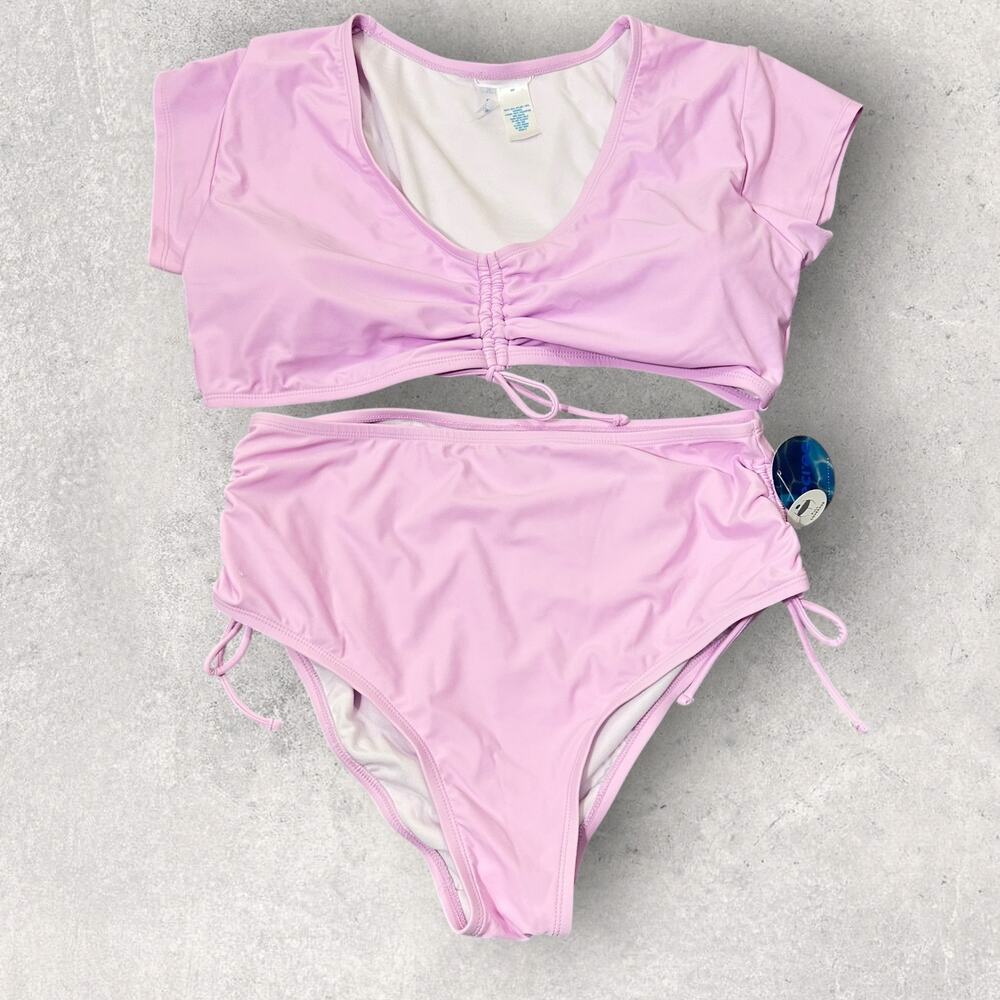 New Decree French Orchid‎ Ruched High Rise Bikini Set Pink Bottom 0X Top 1X